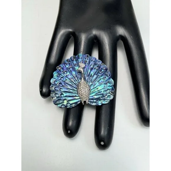Vintage Peacock Brooch Abalone Shell Silver Tone Rhinestone Statement - Picture 2 of 5